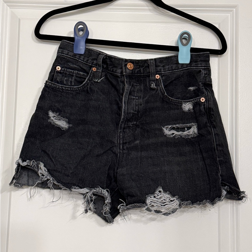 We The Free People Sofia Black Distressed High Waisted Button Fly Shorts Size 26